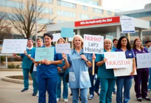 Nurses protesting outside Mission Hospital in Asheville, NC, advocating for better patient safety measures.