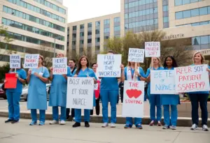 Nurses holding signs during a rally outside Mission Hospital