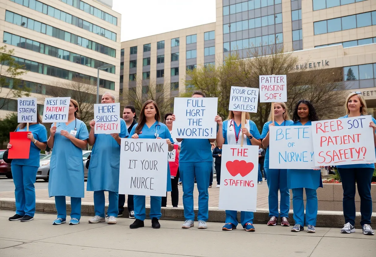 Nurses holding signs during a rally outside Mission Hospital
