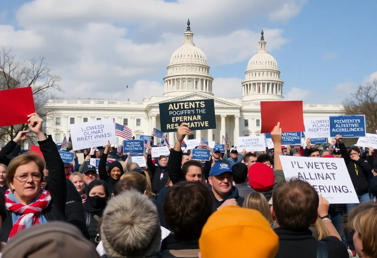 Political rally depicting supporters and dissenters in a tense atmosphere