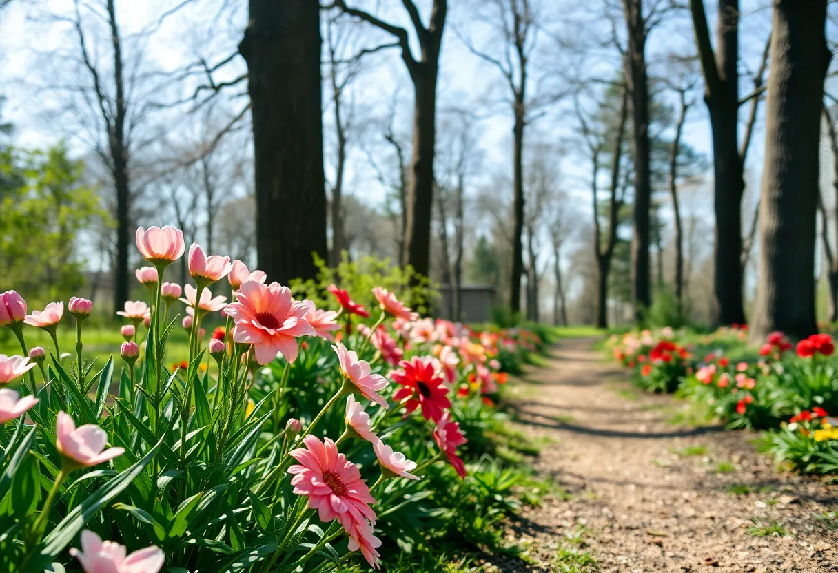 A peaceful garden filled with blooming flowers and tall trees.