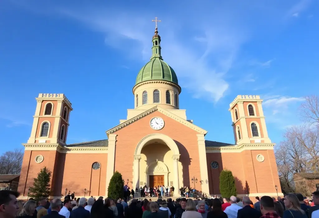 A gathering of community members at St. Lawrence Basilica celebration for restoration