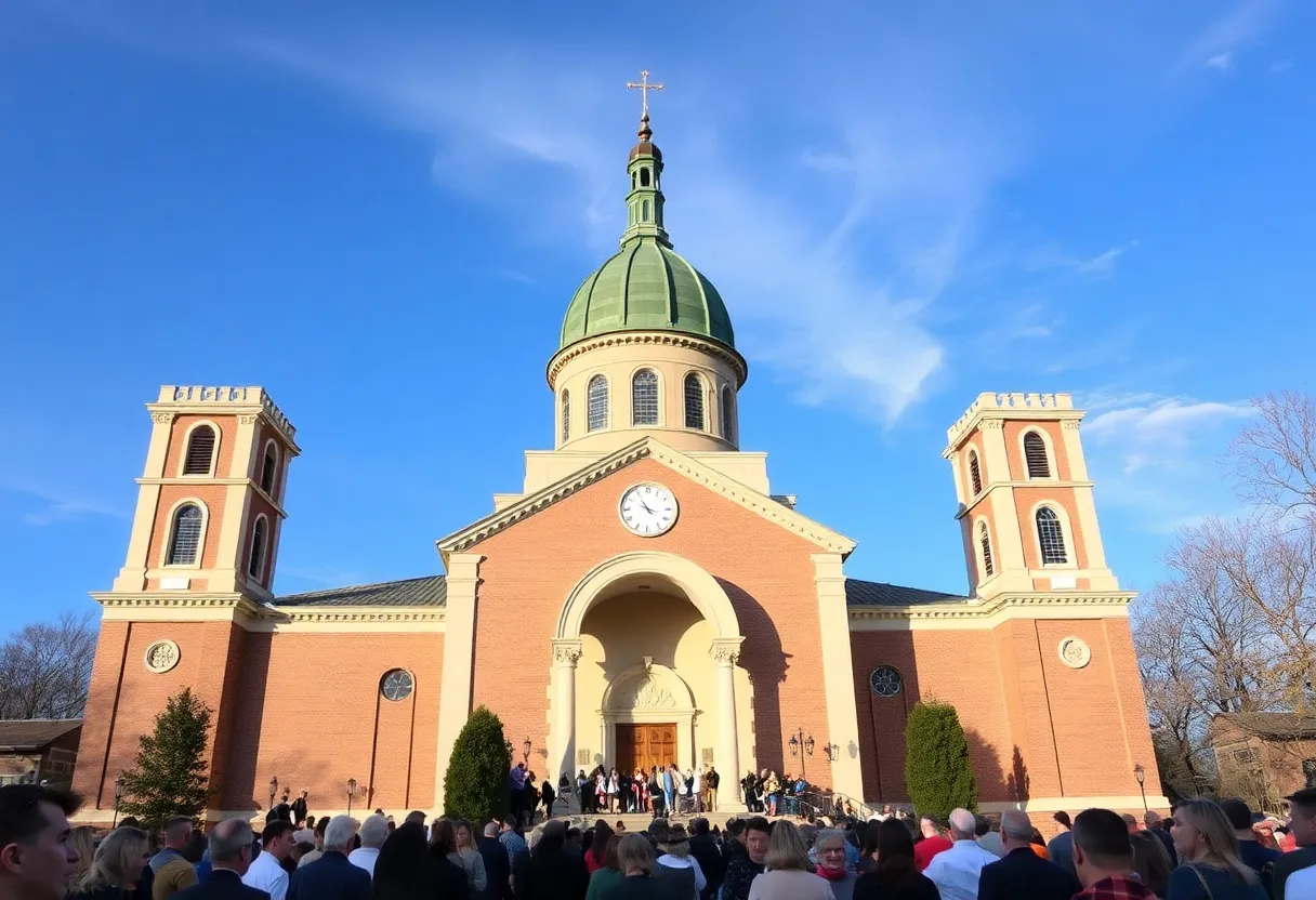 A gathering of community members at St. Lawrence Basilica celebration for restoration
