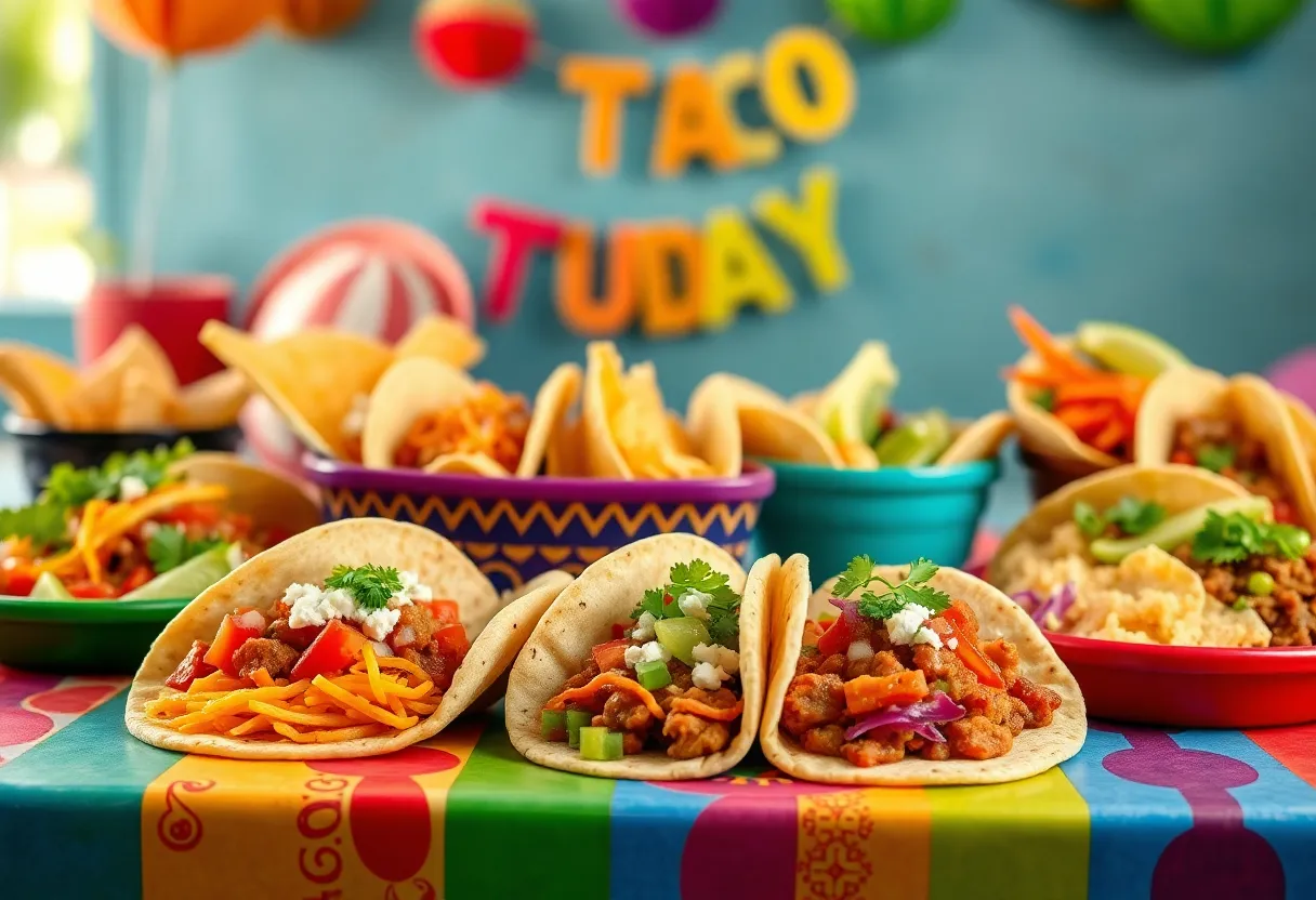 A variety of colorful tacos arranged on a table for Taco Tuesday in Asheville
