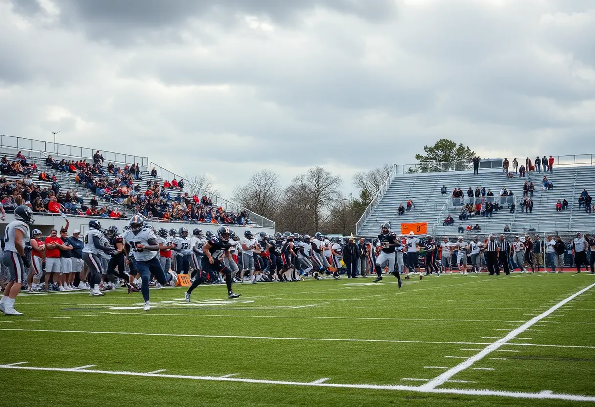 Action shot of a high school football game featuring T.C. Roberson