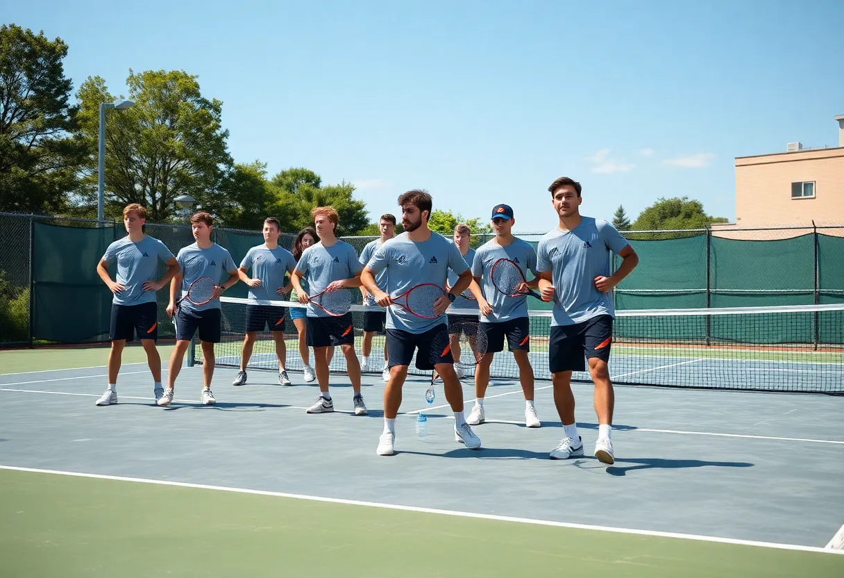 UNC Asheville Men's Tennis Team during practice on the tennis court