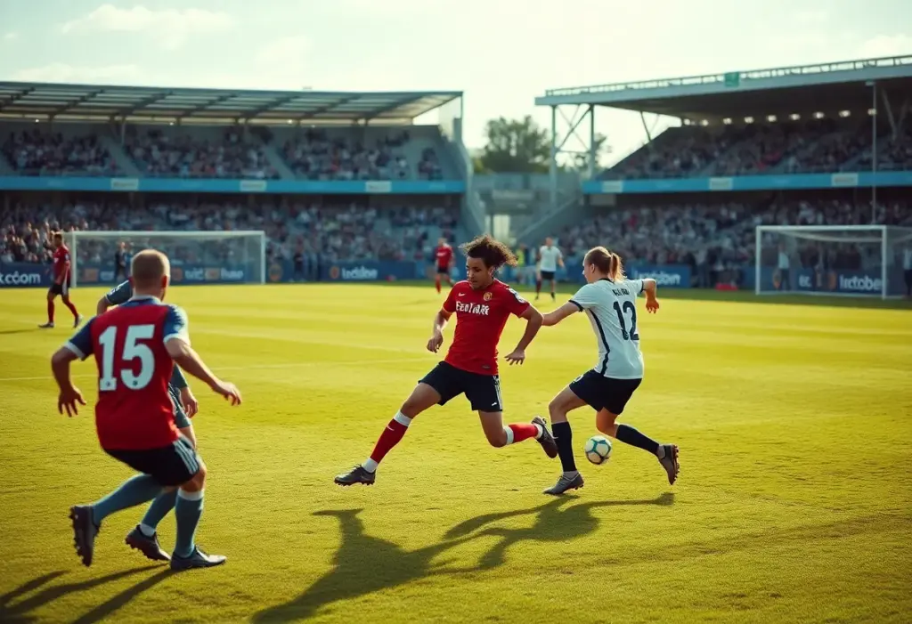 Players from UNC Asheville and Furman battling for the ball during a soccer match