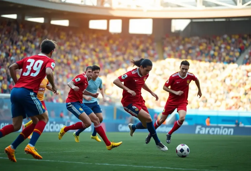 Players from UNC Asheville celebrating a goal during a soccer match