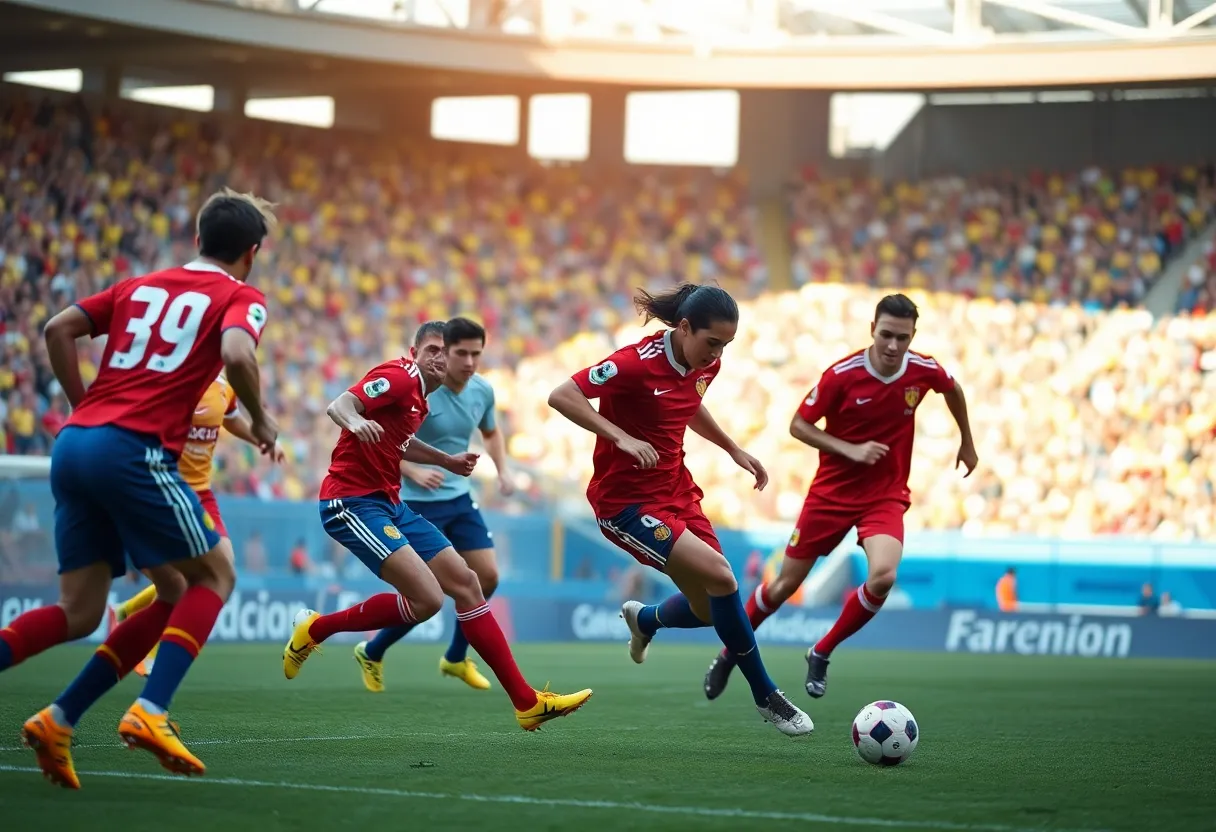 Players from UNC Asheville celebrating a goal during a soccer match