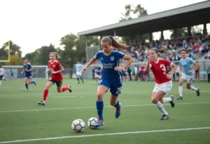 Teams competing in a soccer match with players showcasing their skills on the field.