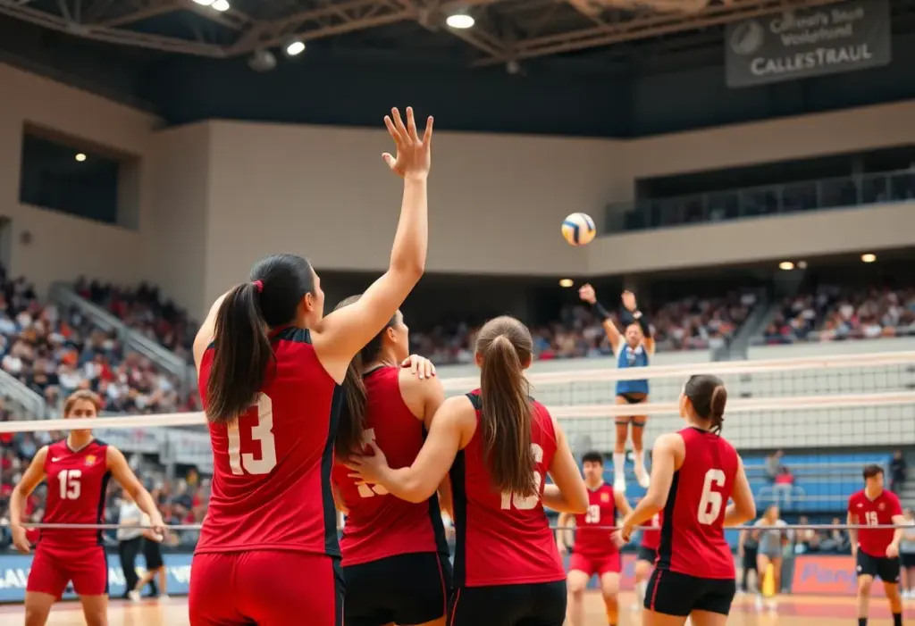 UNC Asheville Volleyball team celebrating their victory over Radford