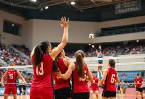 UNC Asheville Volleyball team celebrating their victory over Radford