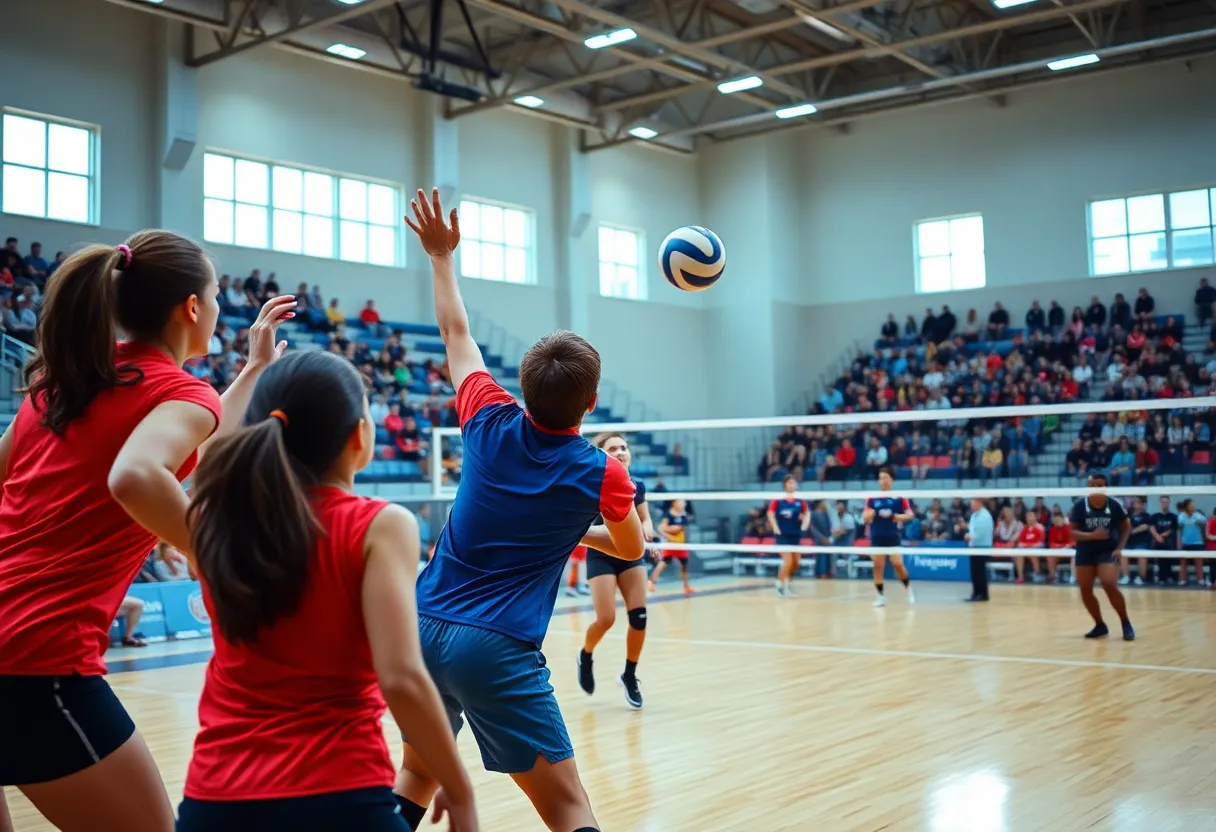 UNC Asheville volleyball players during a match against Presbyterian University.