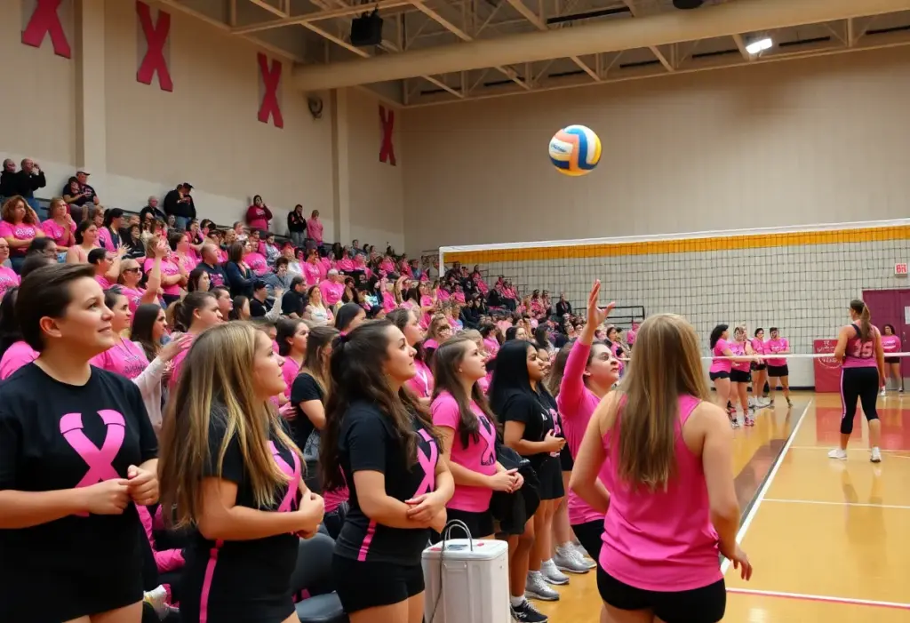 Fans wearing black and pink attire supporting UNC Asheville Volleyball during a match.