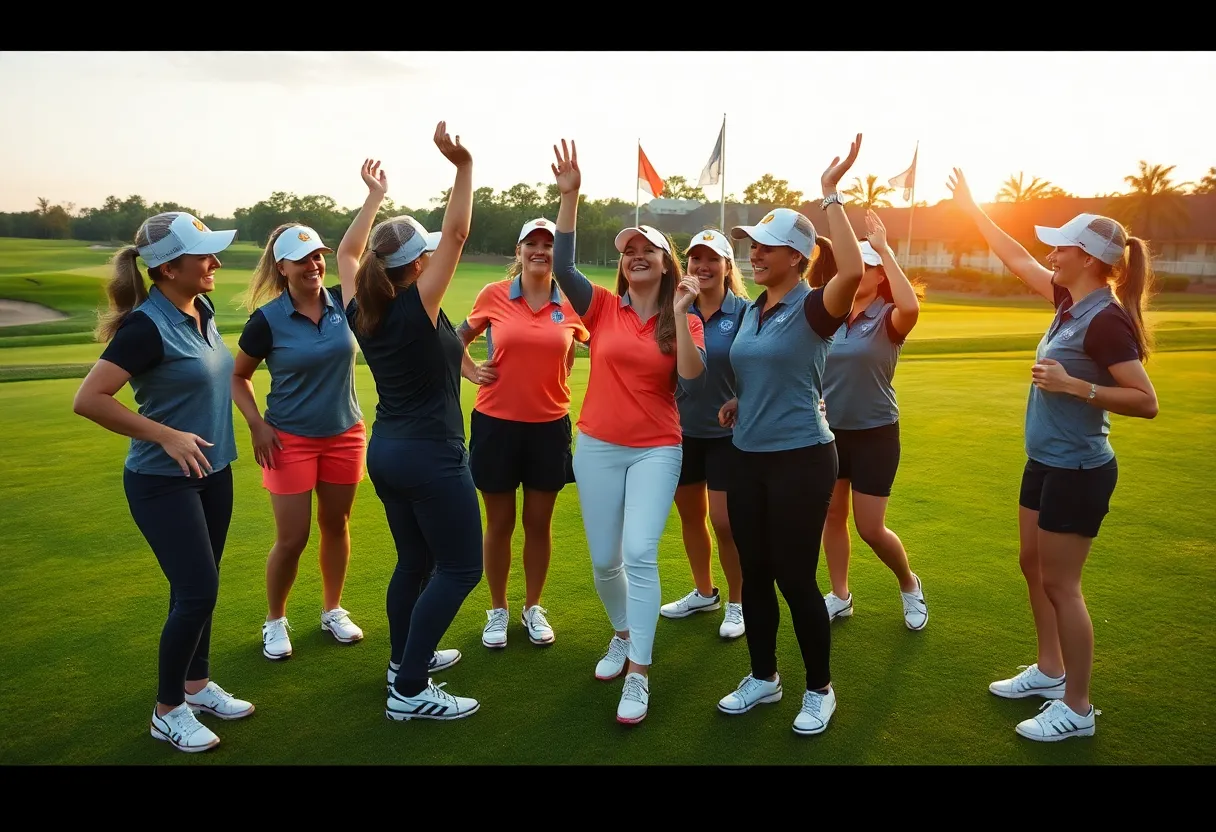 UNC Asheville women's golf team celebrating their performance at the Terrier Intercollegiate