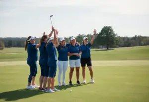 UNC Asheville women's golf team celebrating their third place finish